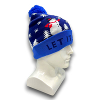 Chapeaux personnalisés bleu marine Pom Bonnet en tricot avec bonhomme de neige Jacquard manchette pliée Let It Snow With Led Lights for Holiday Christmas Hats