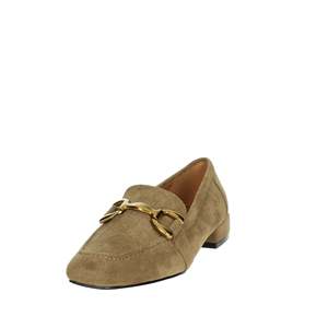 Mocasines Planos de Mujer en Gamuza Color Taupe con Tacón Bajo y Detalles Dorados - Product Image 6