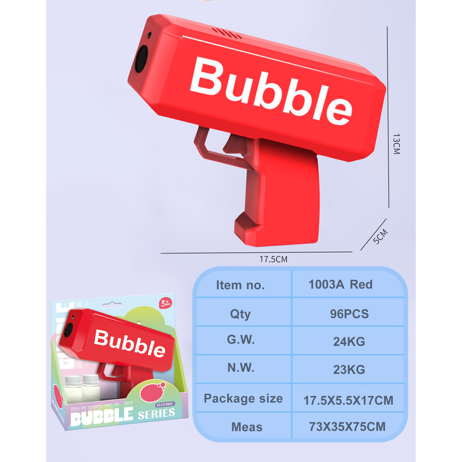 ปืนเป่าฟองสบู่สีแดง รูเดียว น้ำ 30 มล. * 2 กล่องโชว์