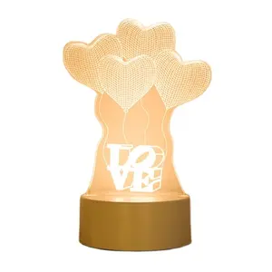Lâmpada de led romântica e em acrílico em 3d, candeeiro de mesa de luz decorativa em forma de coração e amor para noite