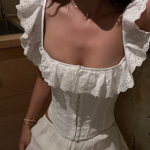 Top corset <span class=keywords><strong>blanc</strong></span> d'été sexy, nouveautés été 2025, crop top pour femmes, débardeur à lacets, volants, bordure bandage, top 3116 - Product Image 1