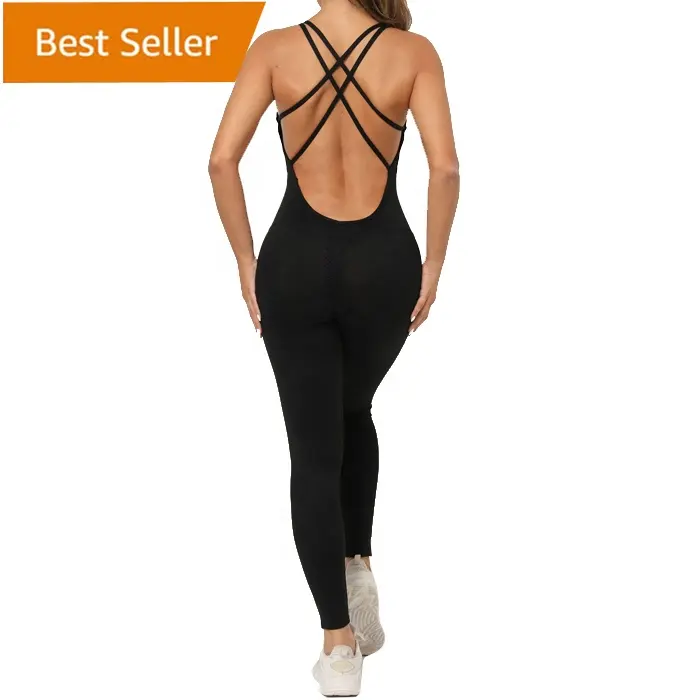 Combinaison sans manches pour femmes Yoga Fitness Cross Back Jumpsuit Sexy Backless Bodycon Sport Romper push up Butt Lifting Leggings Bodysuits