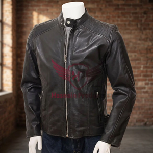 Blouson de motard moderne pour homme en cuir noir élégant, design stylé, respirant, style urbain, doublure en popeline à carreaux pour l'hiver - Product Image 3
