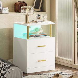 Mesa de <span class=keywords><strong>Noche</strong></span> Metálica LED con Estación de Carga y Puertos USB, Blanca, 2 Cajones, Mesa Auxiliar Moderna - Mesa de <span class=keywords><strong>Noche</strong></span> Personalizada - Product Image 5
