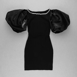 C2518 nuovo Design 2024 <span class=keywords><strong>nero</strong></span> O collo manica a sbuffo Sexy in cristallo Bodycon abiti da Club donna - Product Image 3
