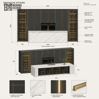 Meubles de cuisine contemporains en charbon de bois avec incrustations dorées, vitrine haute en verre pour vin, îlot cascade en marbre Statuario pour penthouse
