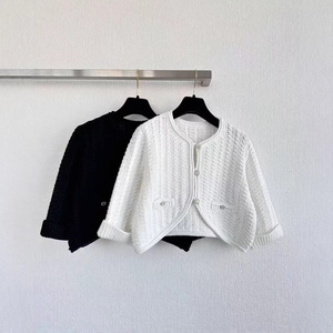 Women's <b>Knitted</b> <b>Cardigan</b> Long Sleeve Loose Fit <b>White</b> Black Geometric Pattern Cotton Blend Sweater Smlxl Casual Style - Product Image 1