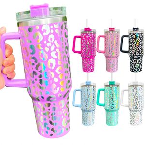 Double Walled Stainless Steel Leopard Handled 40Oz Tumbler Print <b>Large</b> Coffee <b>Mug</b> With Handle Iridescent Water Bottle - Product Image 2