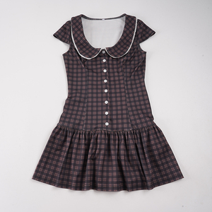 Vintage Preppy Brown Plaid Babydoll Collar <b>Button</b> Front Waist Cinching Pleated Short Sleeve Dress - Product Image 6