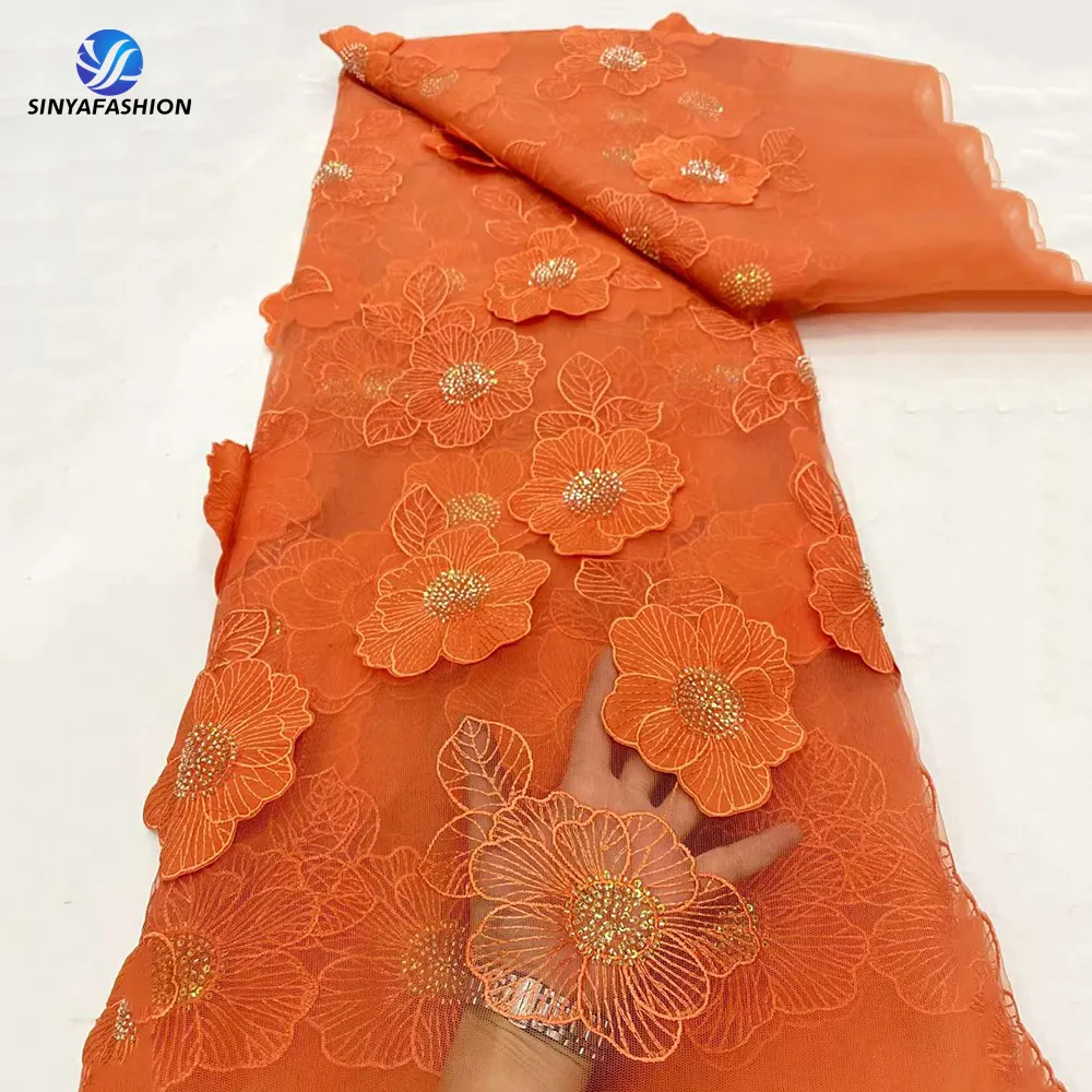 Sinya venta al por mayor naranja 3D apliques flores encaje de alta calidad con cuentas y lentejuelas telas de encaje costura vestidos de novia