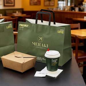 Custom Logo Eco-Friendly Disposable <b>Biodegradable</b> Recyclable Kraft <b>Paper</b> Food Takeout Bag Flat Handle for Restaurant Delivery - Product Image 3