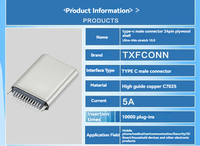 Connettore USB Tipo C Maschio 24 Pin con Guscio Ultra-Sottile Estensibile, Contatti Placcati in Nichel e Oro per Applicazioni PCB