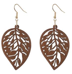 Pendientes de hojas de madera hueca para mujer, aretes de gota de hojas de madera Natural Vintage para mujer - Product Image 2