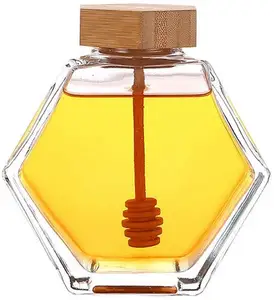 Wholesale Honey Jar Glass Hexagon Shape Honey Pot Container with Wooden Dipper and Cork Lid Cover Honey Syrup Beehive Storage