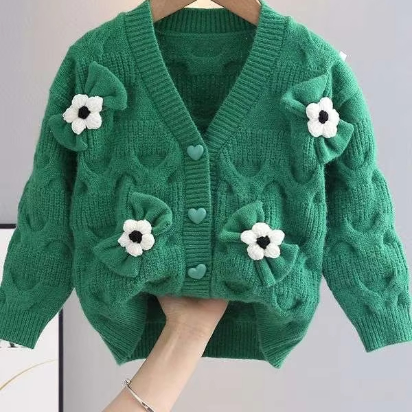 Autumn New Fashionable Girls' Knitted Coat V-Neck Cardigan Top Infants 1-6 Years Old Baby Wool Cotton Cute Striped