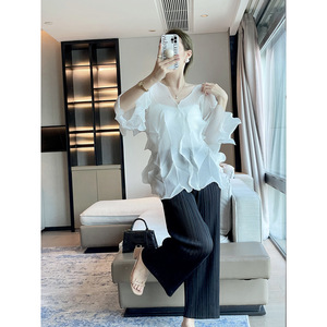 Camicette alla Moda Plissettate Casual T-shirt di Alta Qualità Arricciata Delicata Sottile Protezione Solare Top Bluse - Product Image 6