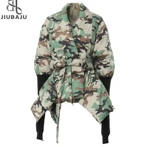 Camouflage Asymmetrical Puffer Jacket Women 2023 Winter Clothes Thick Warm Long Sleeve Bow Cotton Down Coat