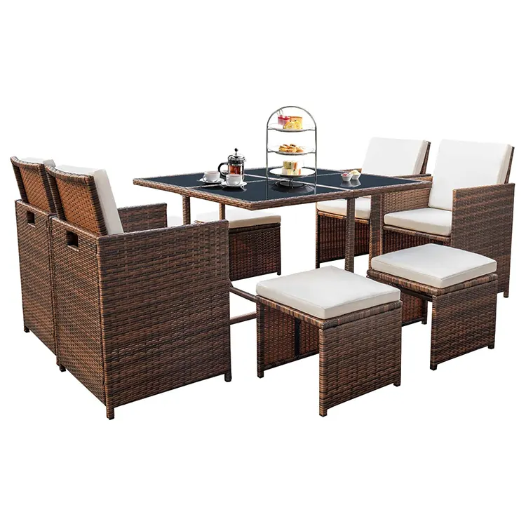 Tavolo da pranzo da giardino in legno di Rattan nordico set di mobili da giardino in alluminio pressofuso di lusso 3 in 1 moderno salotto impermeabile Poly