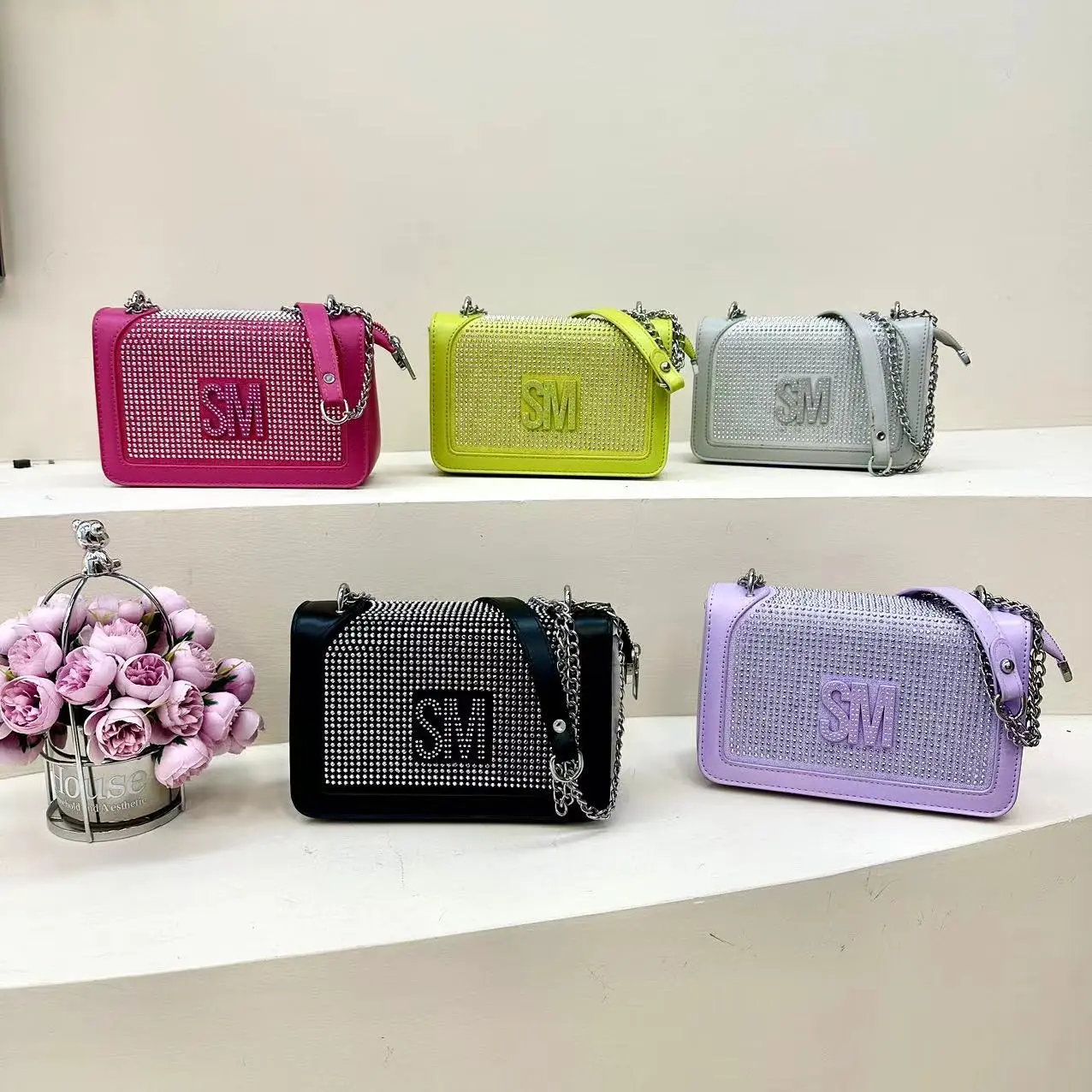 महिलाओं के पर्स और हैंडबैग के लिए लक्जरी डिजाइनर हैंडबैग रत्न स्फटिक श्रृंखला क्रॉसबॉडी बैग