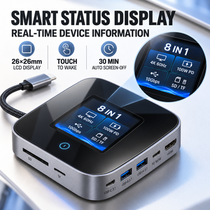 แท่นวางอุปกรณ์อเนกประสงค์ Smart 8 in 1 USB C พร้อมจอ LCD แสดงผล 10Gbps 4K 60Hz HDMI 100W PD SD TF USB C Hub สำหรับแล็ปท็อป ขายส่ง - Product Image 2