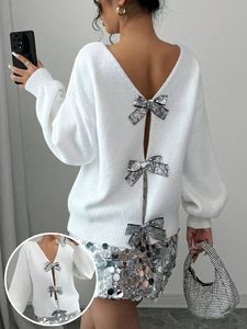 여성용 패셔너블한 루즈핏 긴팔 니트 가디건 스웨터, 리본 모양의 스팽글 장식 - Product Image 1