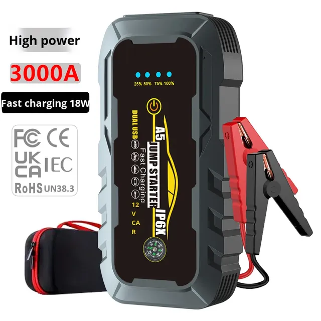 12V Portable Car Jump Starter - High-Capacity Emergency Battery Booster, Multi-Function Vehicle Power Bank Function