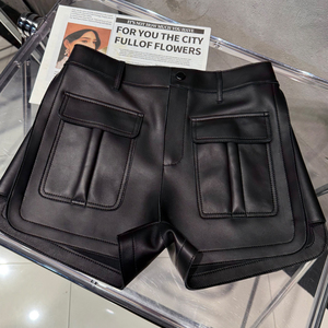 Shorts cargo <span class=keywords><strong>taille</strong></span> <span class=keywords><strong>haute</strong></span> en <span class=keywords><strong>cuir</strong></span> véritable pour femmes, poches à rabat utilitaires, shorts sexy - Product Image 5