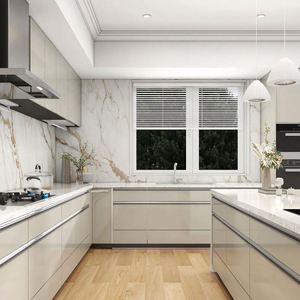 Ensemble de meubles de cuisine en îlot au design moderne pour appartements et villas, meubles en bois personnalisables avec structure en acier inoxydable - Product Image 6