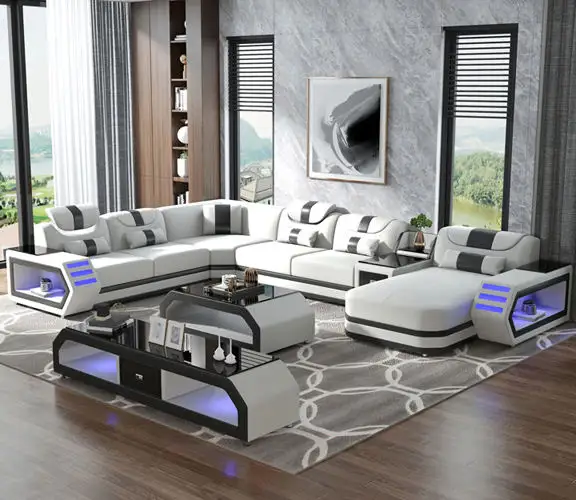 LED-Smart-Sofa Sofa Wohnzimmer Luxusmöbel Volles Couch-Set Dekor Heim Leder 7-Sitzer Sofa-Set Schlafzimmer-Sets modern