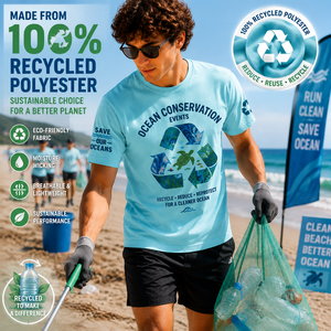 T-shirt de course écologique personnalisé OEM, T-shirt de sport durable en tissu recyclé, séchage rapide, pour course en plein air, marathon, événement sur la plage - Product Image 1