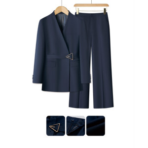 <span class=keywords><strong>Traje</strong></span> de Negocios de 2 Piezas <span class=keywords><strong>para</strong></span> <span class=keywords><strong>Mujer</strong></span>, Color <span class=keywords><strong>Azul</strong></span> <span class=keywords><strong>Marino</strong></span>, Ecológico, Transpirable, con Cinturón y sin Cuello, de Lana, con Acabado Exquisito - Product Image 2