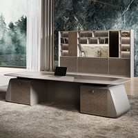 Bureau de direction moderne en bois grainé brillant, table de PDG, bureau de luxe grand format avec éclairage LED, ensemble de mobilier de bureau commercial