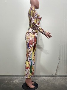 Abito Lungo da Donna con Collo Alto, Stampa Astratta e Strass, Vestito da Festa in Rete, Moda Sehe - Product Image 4