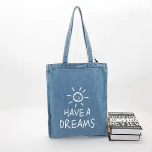 Custom Printing Eco Vriendelijke Gerecycled Polyester Materiaal Rpet Canvas Biologisch Katoen Boodschappentas Vrouwen Denim Handvat Draagtas