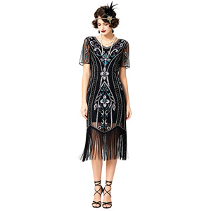 1920s <b>Sequined</b> Tassel Skirt Retro Party Evening Dress Scoop Neck Sheath Embroidered Organza Vintage Style - Product Image 2