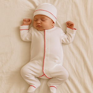 Ensemble chapeau et barboteuse unisexe pour nouveau-né, blanc, personnalisable avec monogramme, à boutons dissimulés, bordure picot et bordure festonnée, avec patte de pied - Product Image 2