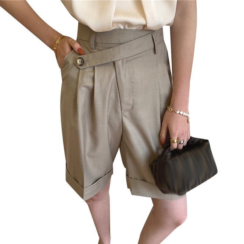 TWOTWINSTYLE High Wiast Loose Half Wide Leg Elegant Asymmteircal Women Knee Length Shorts