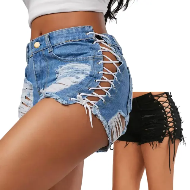 Sexy Summer Women Denim Shorts Black Blue Ripped Short Jeans Femme Tassel Lace Up Bandage Denim Jeans