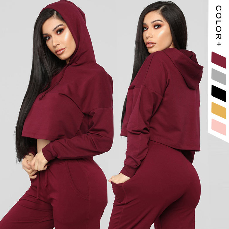 Wholesale Women's Sweatsuit Set Crop Top Sweat Suit Two Piece Essentials  Hooded Sportswear Women Hoodies Tracksuit