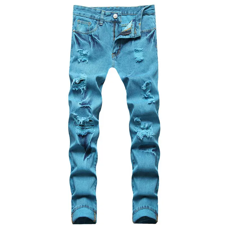 Hoge Kwaliteit Mannen Ripped Denim Jeans Trendy Gaten Verontruste Turquoise Blauw Rechte Broek Casual Plus Size 42 Lange Broek