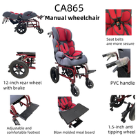 Fauteuil roulant manuel pliable CA865 certifié CE, siège rembourré doux, ceinture de sécurité spéciale pour enfants, plateau repas, roue anti-basculement