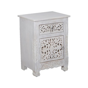 Floral Carved Wood Accent Table with Drawer & Cupboard - Distressed <b>White</b> Finish - Product Image 3