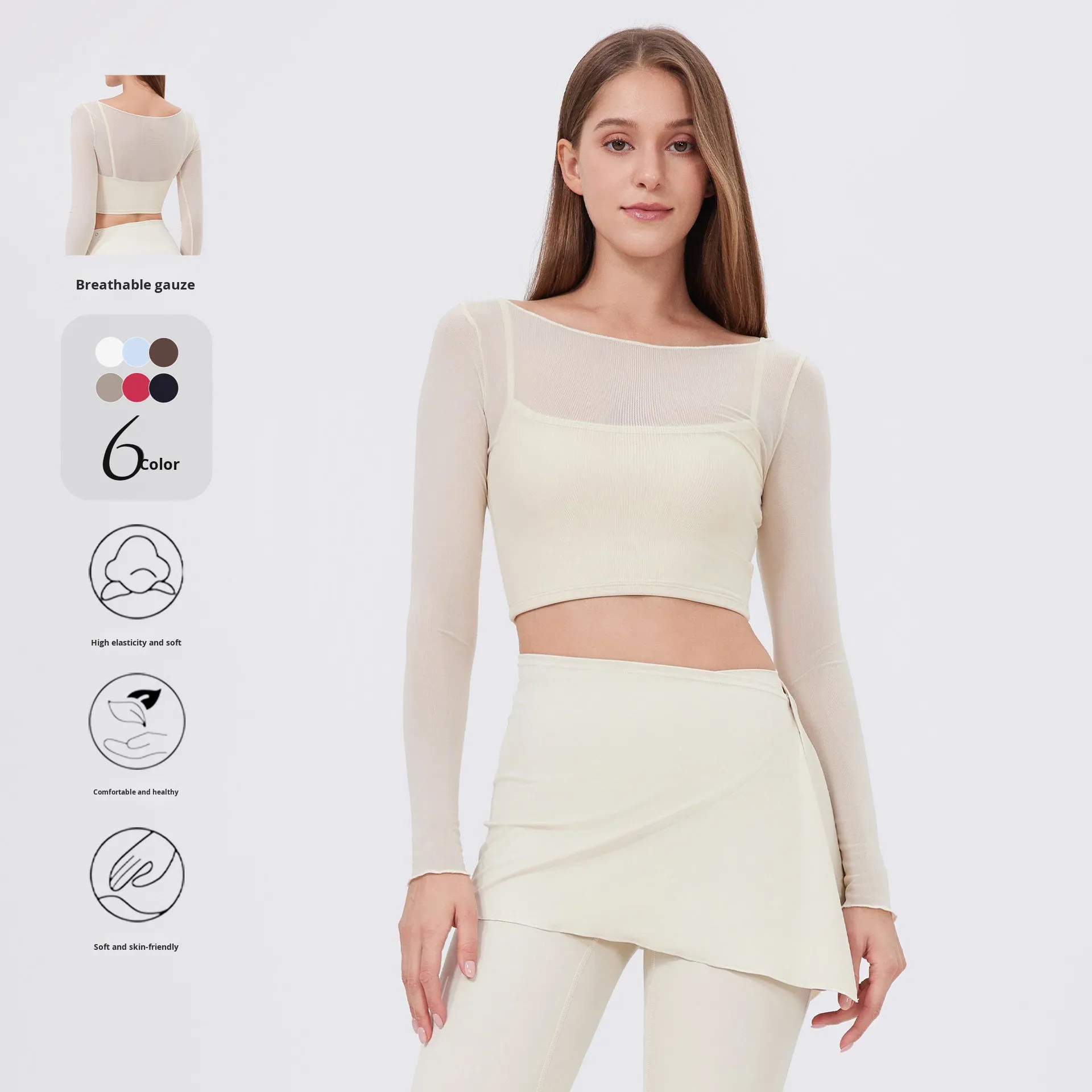 Two-Piece Mesh Breathable for Sports T-Shirt Women Long Sleeve Chest Pad Yoga Wear Crop Top Tight-Fitting Quick-Dry Slimming