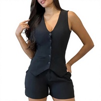 Ensemble tailleur short et blazer deux pièces sans manches à col en V boutonné pour femme, noir uni, respirant, décontracté, pour le bureau