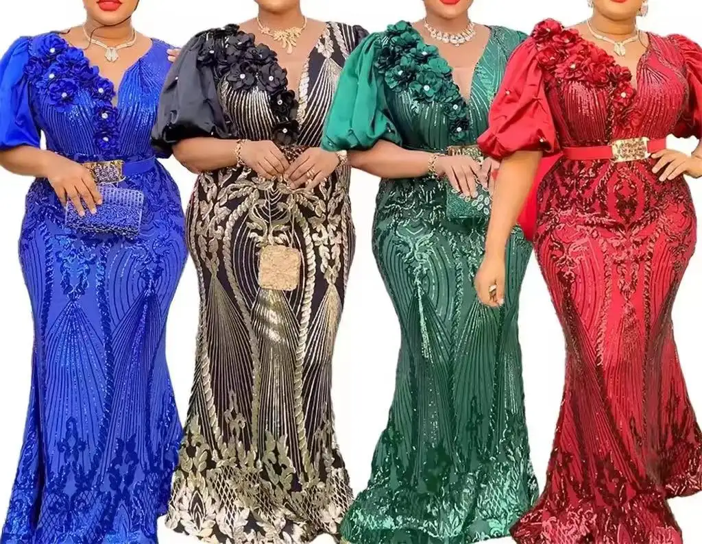 Mode Sequin robe africaine pour les femmes été maille soirée longue robe mince moulante robes fête Sexy dame vêtements célébrer robe