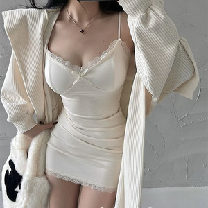 Sexy Lace Trimmed Spaghetti Strap Dress Women Spring Summer Bra Pads Slim Fit Elegant Low Cut Bodycon Skirt Party Wear - Product Image 1