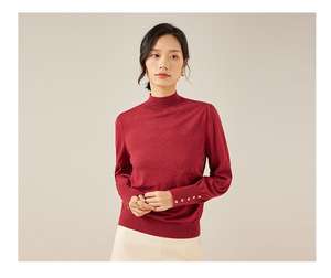 قطن الكشمير الحملان الصوف المخلوط سلحفاة الرقبة محبوك أزرار البلوز الديكور المرأة تريك سترة نفخة الأكمام البلوز - Product Image 1