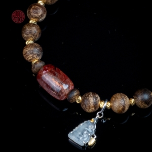 Contemporary Near Sinking Agarwood <b>Bracelet</b> 6mm with <b>Red</b> Quartz and Jade Elements Style 11 Stylish Jewelry - Product Image 4