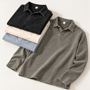 Polo Maniche Lunghe Uomo Vintage Washed Cotton Long Sleeve Polo <b>Shirt</b> Garment Dyed Relaxed Fit Custom Streetwear Top For <b>Men</b> - Product Image 1