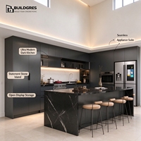 Meubles de cuisine modulaires modernes Buildgres, structure en MDF laquée, design ignifuge, évier, charnière, robinet, stratifié marbre
